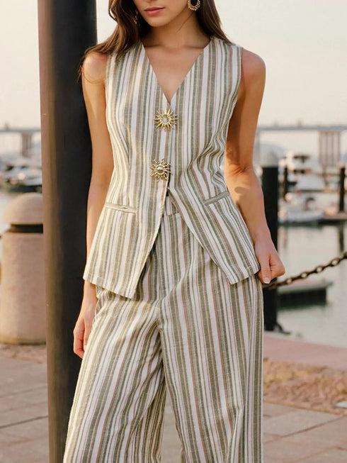 'Brisa' Striped Sleeveless Top and Pants Set - Celes Fashion
